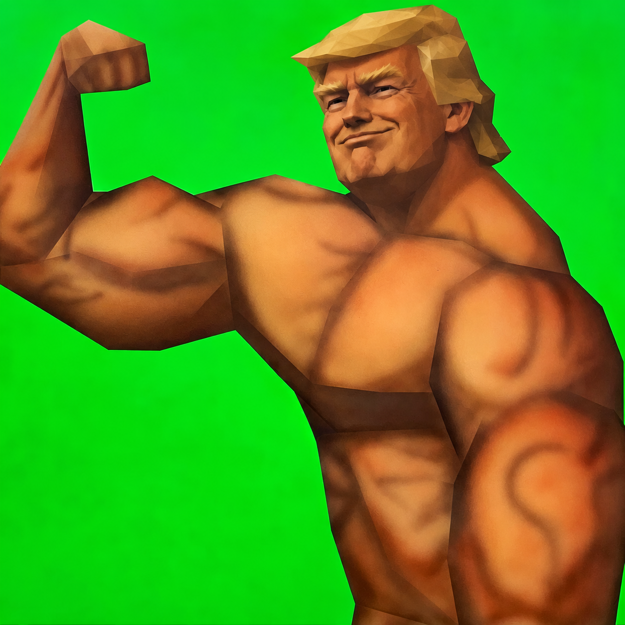 Low-poly muscular Trump parody character flexing